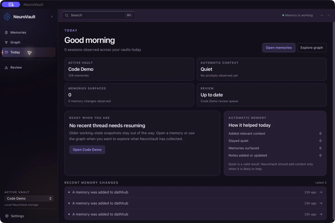 NeuroVault Today memory dashboard